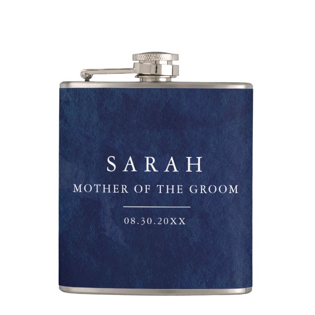 Mother of Groom Gift Watercolor Blue Wedding Flask (Front)