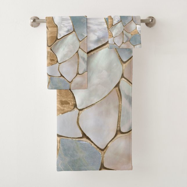 Mother of pearl and Gold cells abstract Bath Towel Set (Insitu)