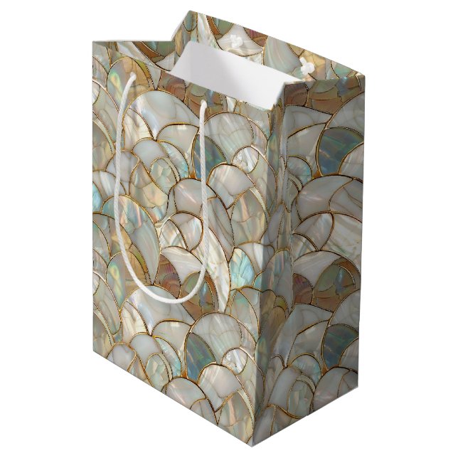 Mother of Pearl Gold Accent Mosaic Style Medium Gift Bag (Back Angled)