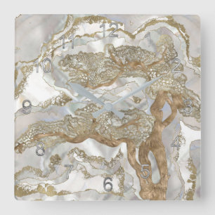 Mother of pearl Golden Tree Square Wall Clock