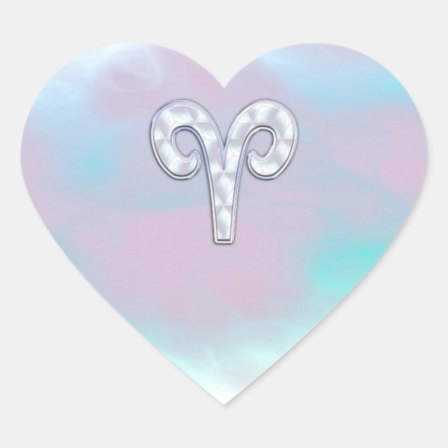 Mother of Pearl Style Aries Zodiac Symbol Heart Sticker (Front)