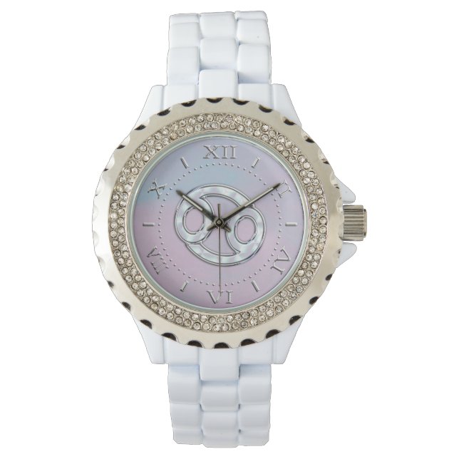Mother of Pearl Style Cancer Symbol Astrology Dial Watch (Front)