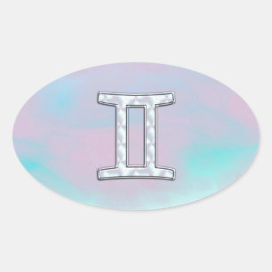 Mother of Pearl Style Gemini Zodiac Sign Oval Sticker