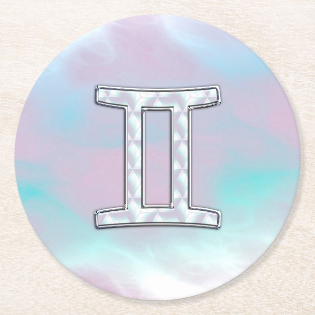 Mother of Pearl Style Gemini Zodiac Symbol Round Paper Coaster (Front)