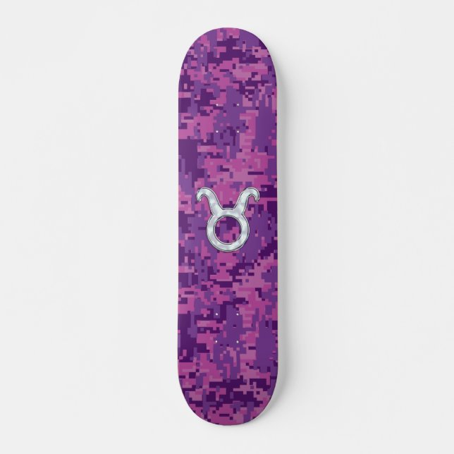 Mother of Pearl Taurus Zodiac Sign on Digital Camo Skateboard (Front)