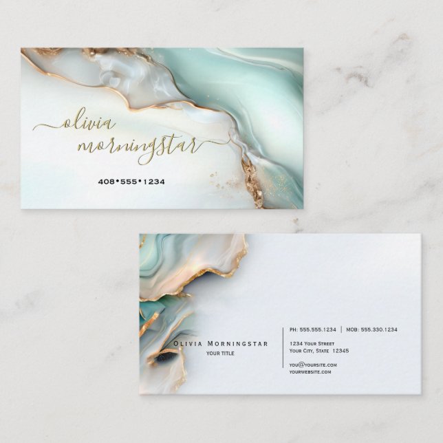 Mother of Pearl  Teal Gold Fluid Alcohol Ink Business Card (Front/Back)