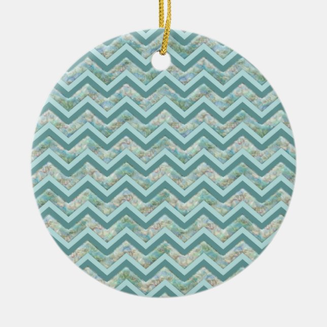 Mother of Pearl Teal ZigZag Ceramic Ornament (Front)