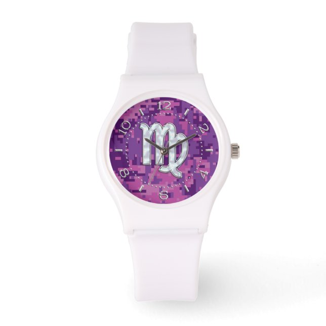 Mother of Pearl Virgo Zodiac on Pink Camo Dial Watch (Front)