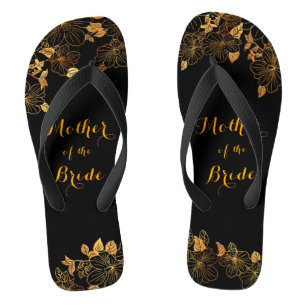Mother of the Bride Black & Gold Foliage Pattern Flip Flops