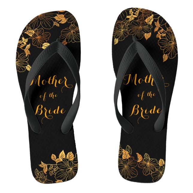 Mother of the Bride Black & Gold Foliage Pattern Flip Flops (Footbed)