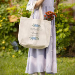 Mother of the Bride Blue Floral Personalized Large Tote Bag<br><div class="desc">Celebrate the mother of the bride with this elegant and stylish gift featuring soft watercolor floral details and delicate blue flowers. Designed with graceful calligraphy script and a clean, minimalist layout, this thoughtful keepsake is perfect for honouring her role in the wedding party. A trendy and heartfelt gift for her...</div>