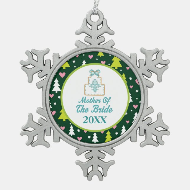 Mother of the Bride Christmas Wedding Gift Snowflake Pewter Christmas Ornament (Front)