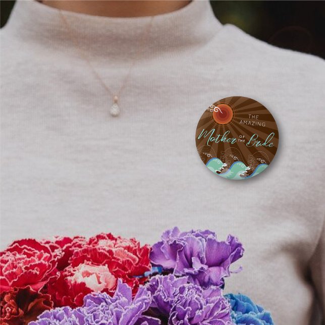 MOTHER OF THE BRIDE Cool Waves Sun Wedding Button (MOTHER OF THE BRIDE Cool Aqua Waves Brown Sun Beach Wedding Rehearsal Party Pin Button @ fat_fa_tin)