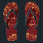Mother of the Bride Dark Burgundy & Gold Foliage Flip Flops<br><div class="desc">These gorgeous Mother of the Bride Dark Burgundy and gold foliage flip flops have a dark burgundy background that is adorned with an intricate gold floral greenery pattern and customizable modern typography. The combination of the rich burgundy and the shimmering gold create an elegant and luxurious aesthetic. It's a beautiful...</div>