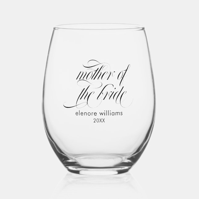 Mother of The Bride Elegant Script Typography Stemless Wine Glass (Front)