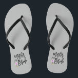 Mother of the Bride Flip Flops<br><div class="desc">Script mother of the bride with purple flower bouquet.</div>