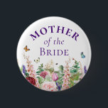 Mother of the Bride - Floral Butterfly 2 Inch Round Button<br><div class="desc">This pretty and elegant mother of the bride button features feminine watercolor pink and purple flowers including roses, tulips, lavender and eucalyptus greenery with brightly coloured butterflies and bumble bees flying around. You can customize all of the text and graphic placement details to your specific needs. The mother of the...</div>