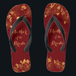 Mother of the Bride Gold Foliage Burgundy  Flip Flops<br><div class="desc">These gorgeous Mother of the Bride gold foliage burgundy flip flops have a dark burgundy background that is adorned with an intricate gold floral greenery pattern and customizable modern typography. The combination of the rich burgundy and the shimmering gold create an elegant and luxurious aesthetic. It's a beautiful gift for...</div>