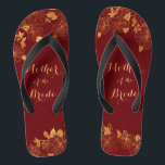 Mother of the Bride Gold Foliage Burgundy  Flip Flops<br><div class="desc">These gorgeous Mother of the Bride gold foliage burgundy flip flops have a dark burgundy background that is adorned with an intricate gold floral greenery pattern and customizable modern typography. The combination of the rich burgundy and the shimmering gold create an elegant and luxurious aesthetic. It's a beautiful gift for...</div>