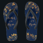 Mother of the Bride Gold Foliage Navy Blue Flip Flops<br><div class="desc">These gorgeous Mother of the Bride gold foliage navy blue flip flops have a dark blue background that is adorned with an intricate gold floral greenery pattern and customizable modern typography. The combination of the rich navy and the shimmering gold create an elegant and luxurious aesthetic. It's a beautiful gift...</div>