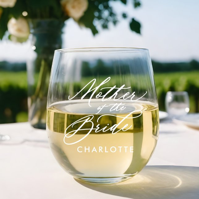 Mother of the Bride Script Name Wedding Party Stemless Wine Glass (Mother of the Bride Script Name Wedding Party Stemless Wine Glass)