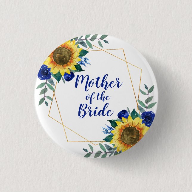 Mother of the Bride Sunflower Geometric Blue 1 Inch Round Button (Front)