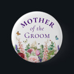 Mother of the Groom - Floral Butterfly 2 Inch Round Button<br><div class="desc">This pretty and elegant mother of the groom button features feminine watercolor pink and purple flowers including roses, tulips, lavender and eucalyptus greenery with brightly coloured butterflies and bumble bees flying around. You can customize all of the text and graphic placement details to your specific needs. The mother of the...</div>