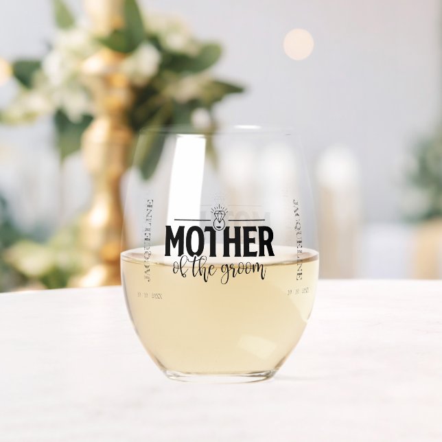 Mother of the Groom Flowing Script Personalized  Stemless Wine Glass (Insitu (Wedding))