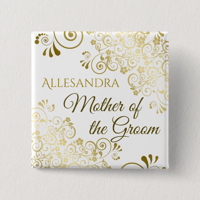 Mother of the Groom Gold Filigree Wedding Name 2 Inch Square Button (Front)