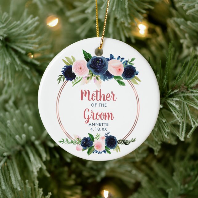 Mother Of The Groom Personalized Navy Blush Roses Ceramic Ornament (Tree)