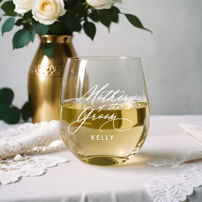 Mother of the Groom Script Name Wedding Party Stemless Wine Glass (Mother of the Groom Script Name Wedding Party Stemless Wine Glass)
