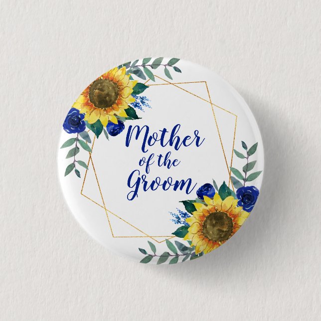 Mother of the Groom Sunflower Geometric Blue 1 Inch Round Button (Front)