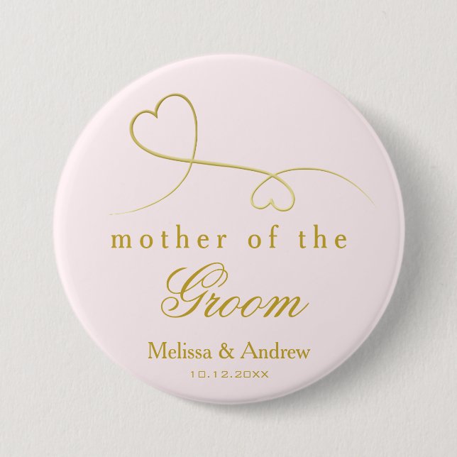 Mother of the Groom | Two Gold Hearts Pink Wedding 3 Inch Round Button (Front)