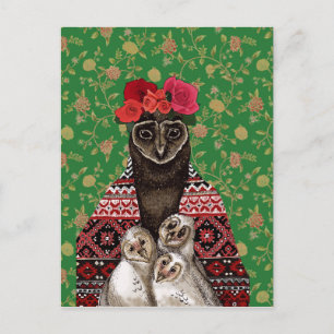 Mother owl three baby owlets postcard