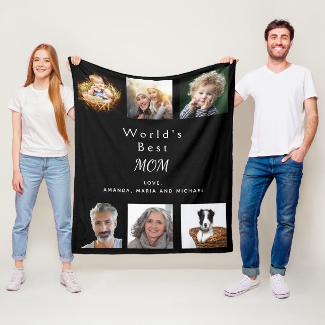 Mother photo collage black fleece blanket (In Situ)