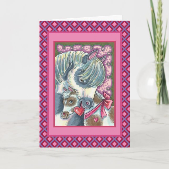 MOTHER PONY & HER CUTE VALENTINE FILLY, HORSE HOLIDAY CARD (Front)