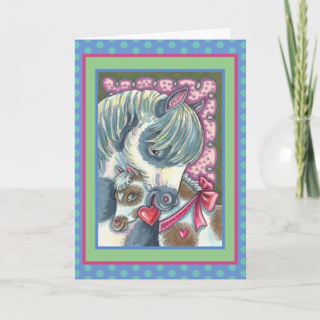 MOTHER PONY & HER CUTE VALENTINE FILLY, HORSE HOLIDAY CARD (Front)