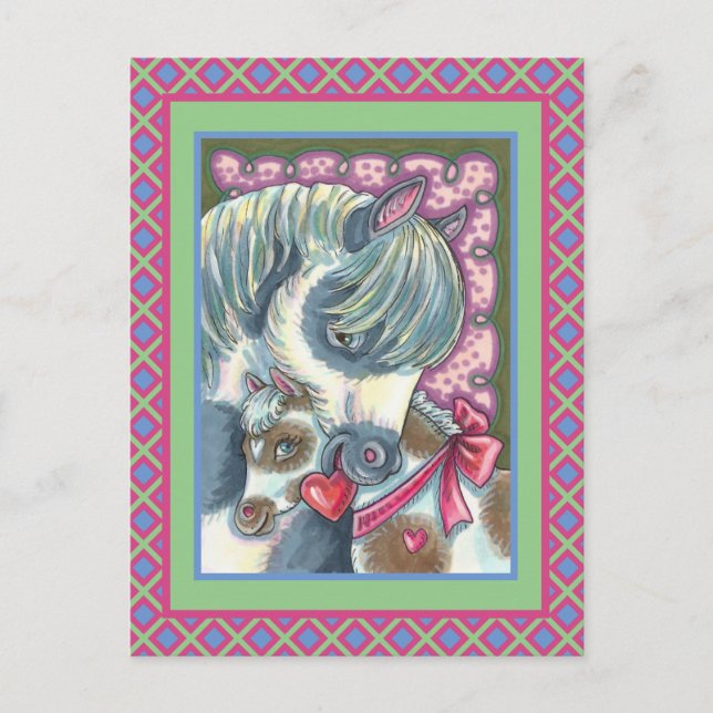 MOTHER PONY & HER CUTE VALENTINE FILLY, HORSE HOLIDAY POSTCARD (Front)