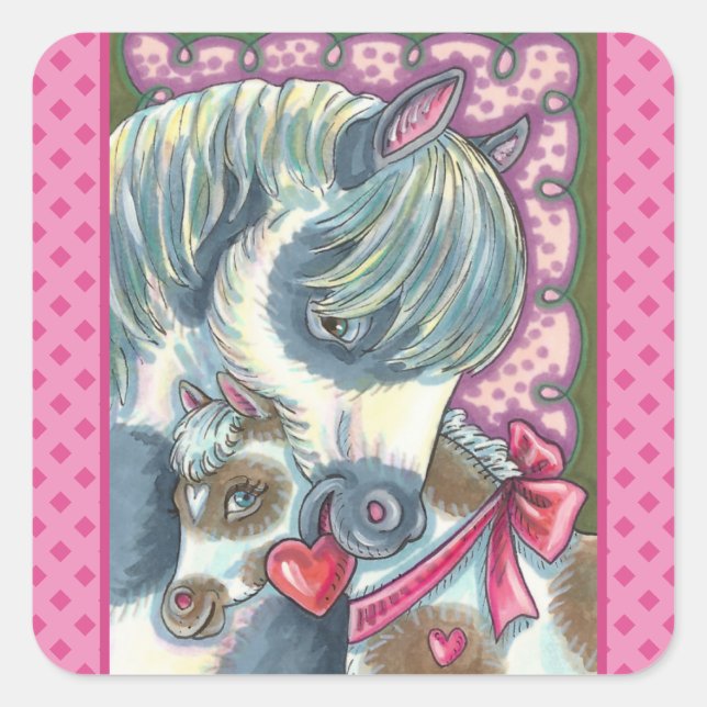 MOTHER PONY & HER CUTE VALENTINE FILLY, HORSE SQUARE STICKER (Front)