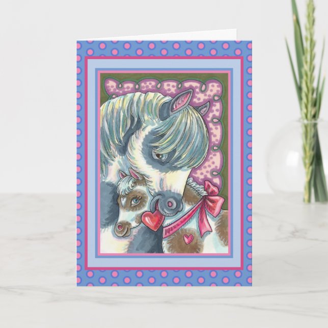 MOTHER PONY & VALENTINE FILLY, CUTE HORSE HOLIDAY CARD (Front)