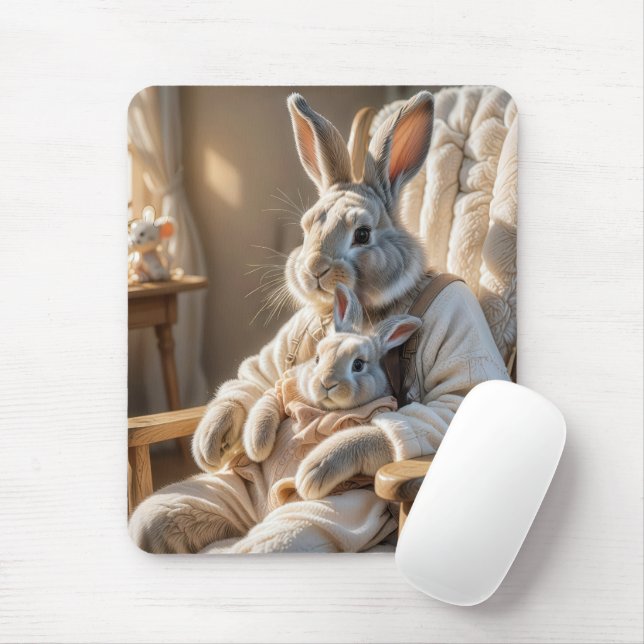 Mother Rabbit With Baby Bunny Mouse Pad (With Mouse)
