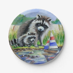 Mother Raccoon, Baby and Toy Boat Paper Plate