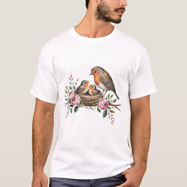 Mother robin feeding baby birds in nest with roses T-Shirt (Front)