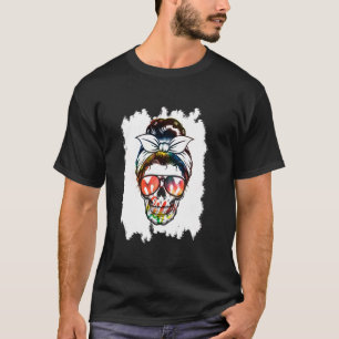Mother s Day Bleached Mom Life Skull Messy Bun Lon T-Shirt