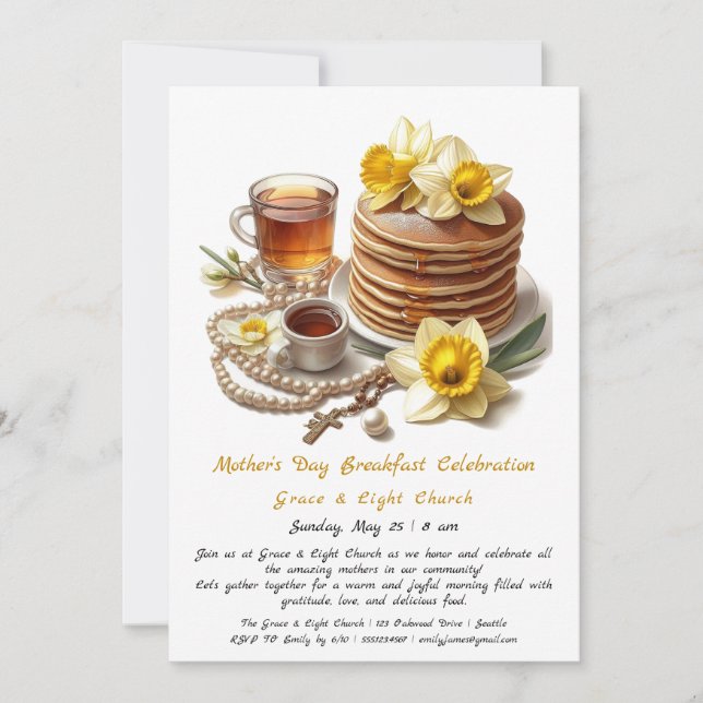 Mother’s Day Breakfast, Daffodils Pancakes Invitation (Front)