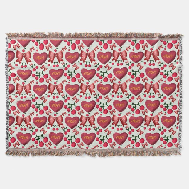 Mother’s Day Cherry Bow Heart Pattern Cute  Throw Blanket (Front)