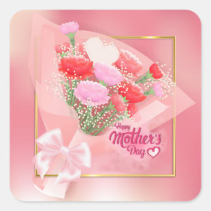 Mother’s Day Floral Bouquet   Pink Heart Gift Square Sticker
