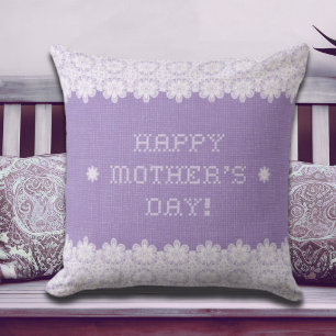 Mother’s Day Vintage Rustic Burlap Crochet Floral Throw Pillow