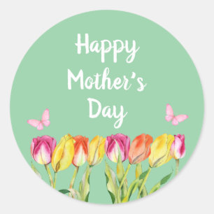 Mother’s Day watercolor Tulips butterflies green Classic Round Sticker