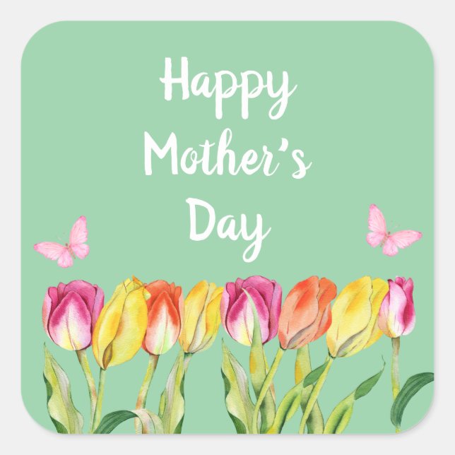 Mother’s Day watercolor Tulips butterflies  Square Sticker (Front)